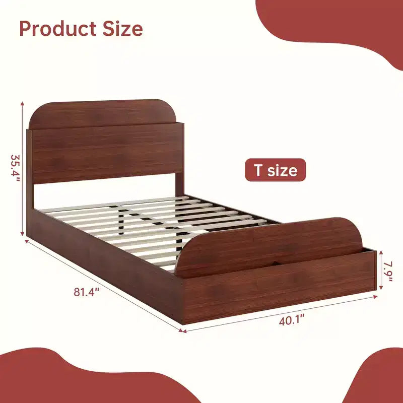 Cadre de lit en bois avec tête de lit de rangement – Lit plateforme bas pour enfant avec pied de lit surélevé, lattes en bois robustes (pas besoin de sommier tapissier)