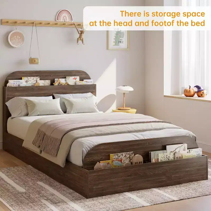 Cadre de lit en bois avec tête de lit de rangement – Lit plateforme bas pour enfant avec pied de lit surélevé, lattes en bois robustes (pas besoin de sommier tapissier)