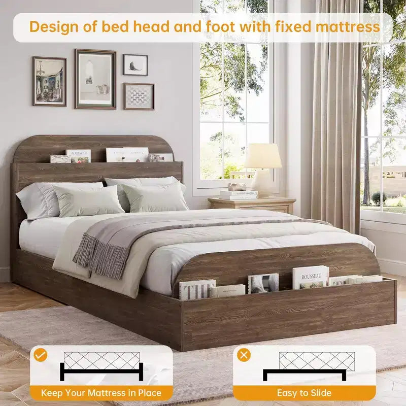 Cadre de lit en bois avec tête de lit de rangement – Lit plateforme bas pour enfant avec pied de lit surélevé, lattes en bois robustes (pas besoin de sommier tapissier)