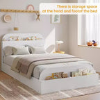 Cadre de lit en bois avec tête de lit de rangement – Lit plateforme bas pour enfant avec pied de lit surélevé, lattes en bois robustes (pas besoin de sommier tapissier)