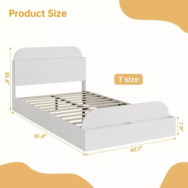 Cadre de lit en bois avec tête de lit de rangement – Lit plateforme bas pour enfant avec pied de lit surélevé, lattes en bois robustes (pas besoin de sommier tapissier)