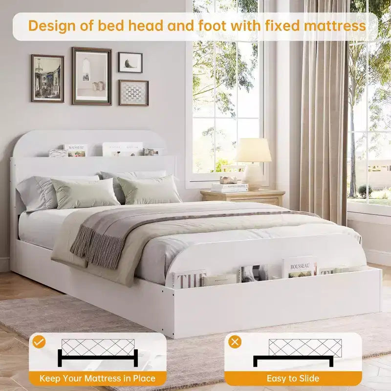 Cadre de lit en bois avec tête de lit de rangement – Lit plateforme bas pour enfant avec pied de lit surélevé, lattes en bois robustes (pas besoin de sommier tapissier)