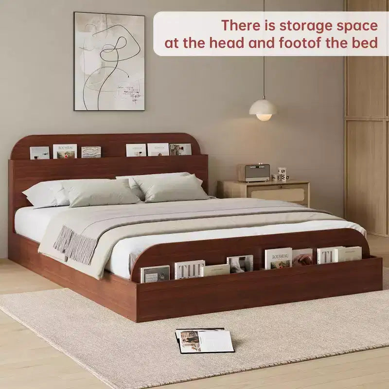 Cadre de lit en bois avec tête de lit de rangement – Lit plateforme bas pour enfant avec pied de lit surélevé, lattes en bois robustes (pas besoin de sommier tapissier)