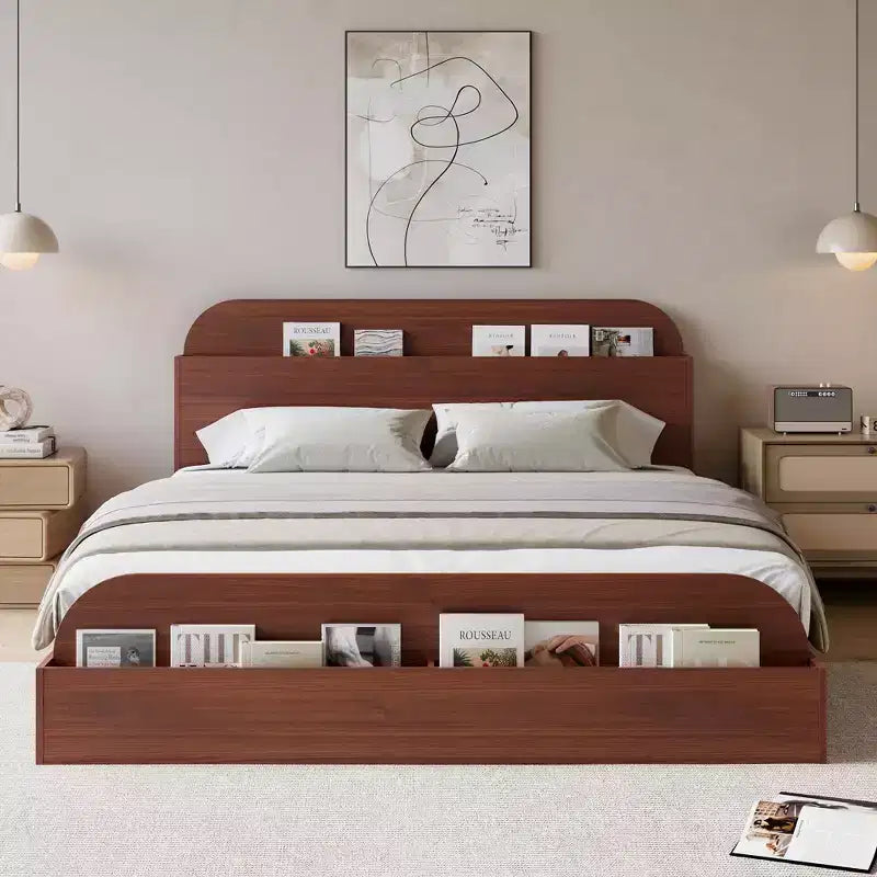 Cadre de lit en bois avec tête de lit de rangement – Lit plateforme bas pour enfant avec pied de lit surélevé, lattes en bois robustes (pas besoin de sommier tapissier)