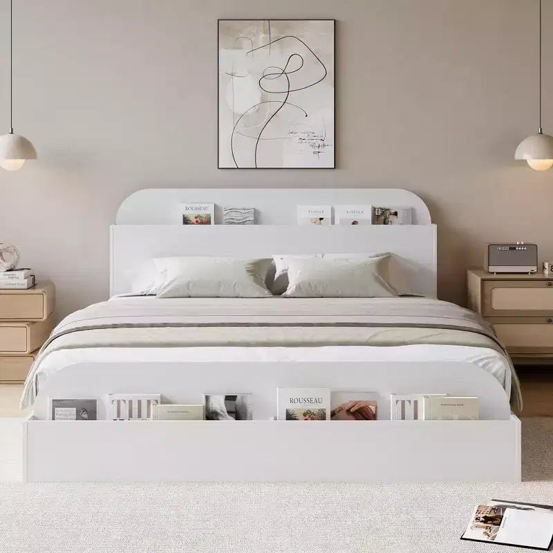 Cadre de lit en bois avec tête de lit de rangement – Lit plateforme bas pour enfant avec pied de lit surélevé, lattes en bois robustes (pas besoin de sommier tapissier)