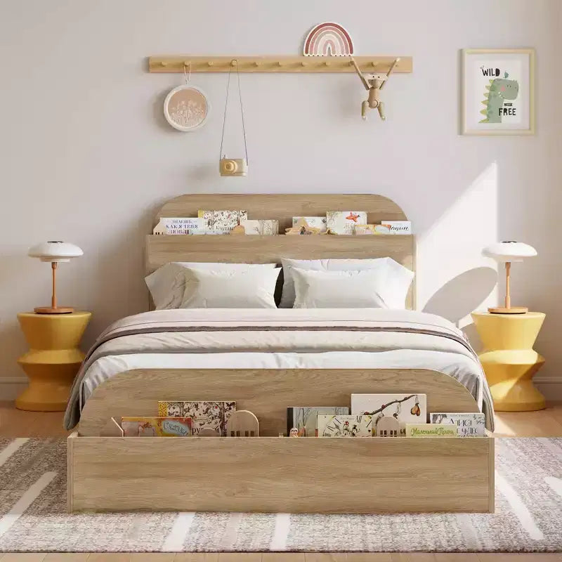 Cadre de lit en bois avec tête de lit de rangement – Lit plateforme bas pour enfant avec pied de lit surélevé, lattes en bois robustes (pas besoin de sommier tapissier)