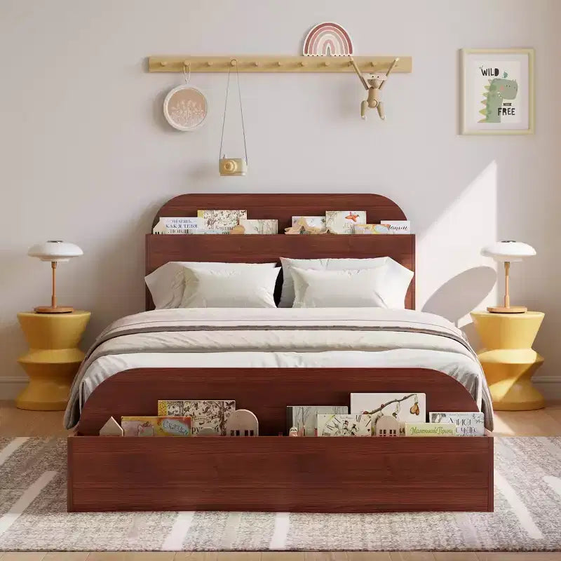 Cadre de lit en bois avec tête de lit de rangement – Lit plateforme bas pour enfant avec pied de lit surélevé, lattes en bois robustes (pas besoin de sommier tapissier)