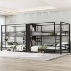 Queen size Quadruple Metal Bunk BedQuadruple Metal Bunk Bed with Built-in Storage Shelves and WardrobeSturdy Metal Frame with Noise-reduced Design