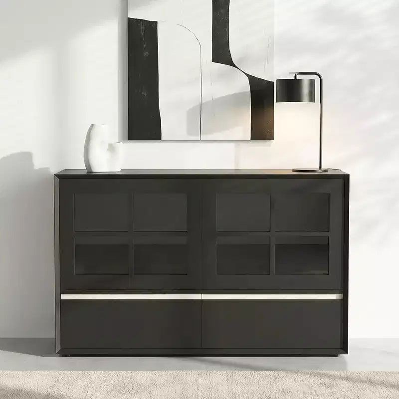 47.04 Buffet moderne avec portes en acrylique incassables – Meuble de rangement à 2 tiroirs avec étagères réglables – Noir mat Gaoyangjiaju
