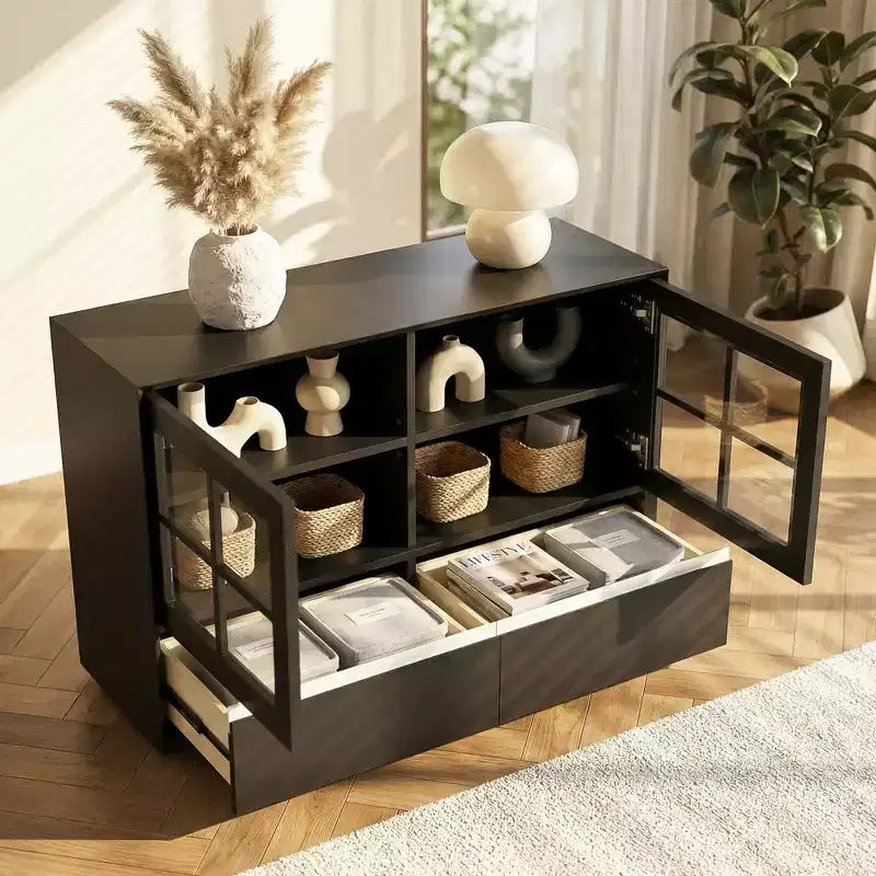 47.04 Buffet moderne avec portes en acrylique incassables – Meuble de rangement à 2 tiroirs avec étagères réglables – Noir mat Gaoyangjiaju