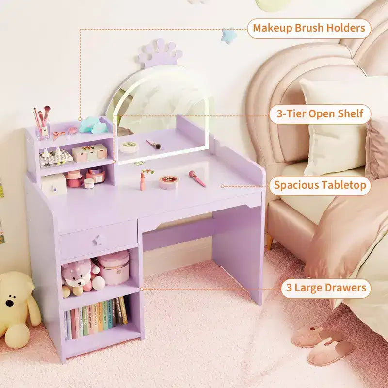 Coiffeuse enfant avec miroir lumineux, ensemble coiffeuse de princesse 2 en 1 pour tout-petits avec table et chaise, bibliothèque ouverte, armoire de rangement et étagères pour filles