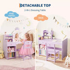 Coiffeuse enfant avec miroir lumineux, ensemble coiffeuse de princesse 2 en 1 pour tout-petits avec table et chaise, bibliothèque ouverte, armoire de rangement et étagères pour filles