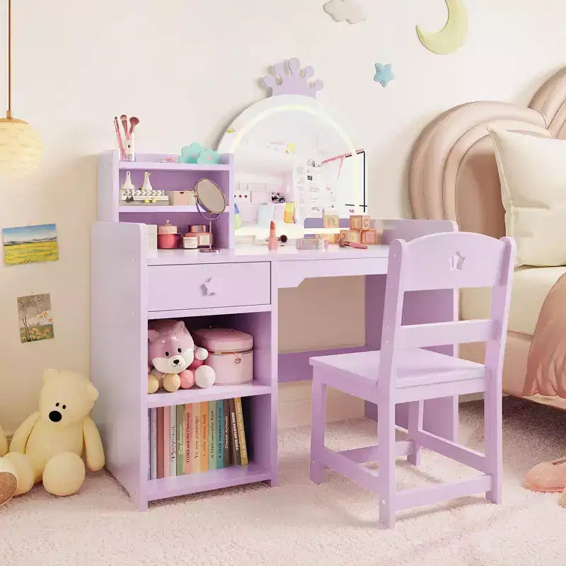 Coiffeuse enfant avec miroir lumineux, ensemble coiffeuse de princesse 2 en 1 pour tout-petits avec table et chaise, bibliothèque ouverte, armoire de rangement et étagères pour filles