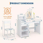 Coiffeuse enfant avec miroir lumineux, ensemble coiffeuse de princesse 2 en 1 pour tout-petits avec table et chaise, bibliothèque ouverte, armoire de rangement et étagères pour filles
