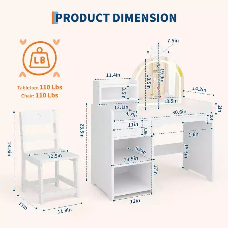 Coiffeuse enfant avec miroir lumineux, ensemble coiffeuse de princesse 2 en 1 pour tout-petits avec table et chaise, bibliothèque ouverte, armoire de rangement et étagères pour filles