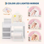 Coiffeuse enfant avec miroir lumineux, ensemble coiffeuse de princesse 2 en 1 pour tout-petits avec table et chaise, bibliothèque ouverte, armoire de rangement et étagères pour filles