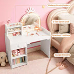 Coiffeuse enfant avec miroir lumineux, ensemble coiffeuse de princesse 2 en 1 pour tout-petits avec table et chaise, bibliothèque ouverte, armoire de rangement et étagères pour filles
