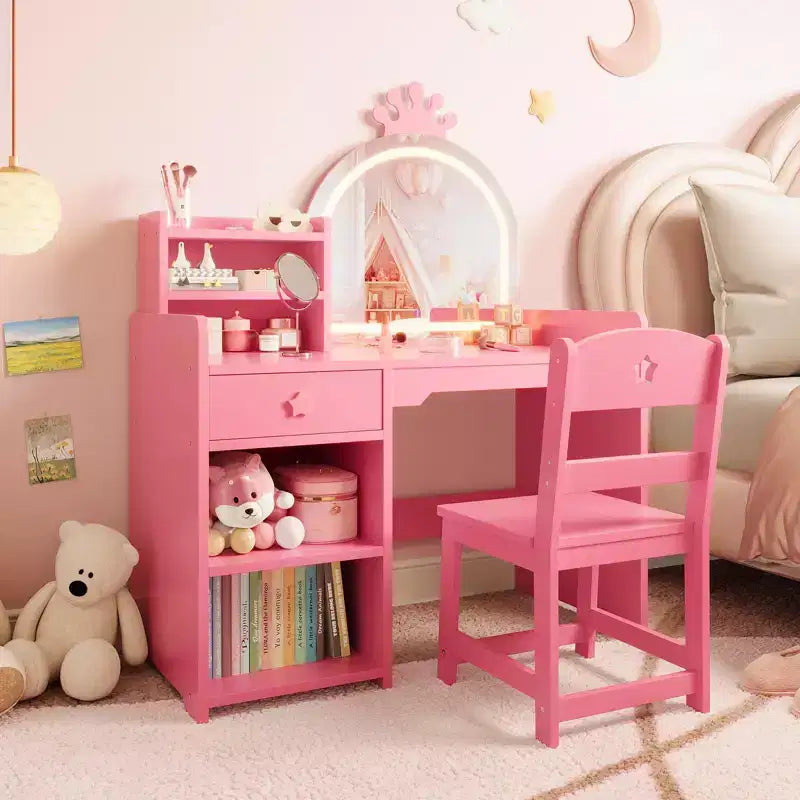 Coiffeuse enfant avec miroir lumineux, ensemble coiffeuse de princesse 2 en 1 pour tout-petits avec table et chaise, bibliothèque ouverte, armoire de rangement et étagères pour filles