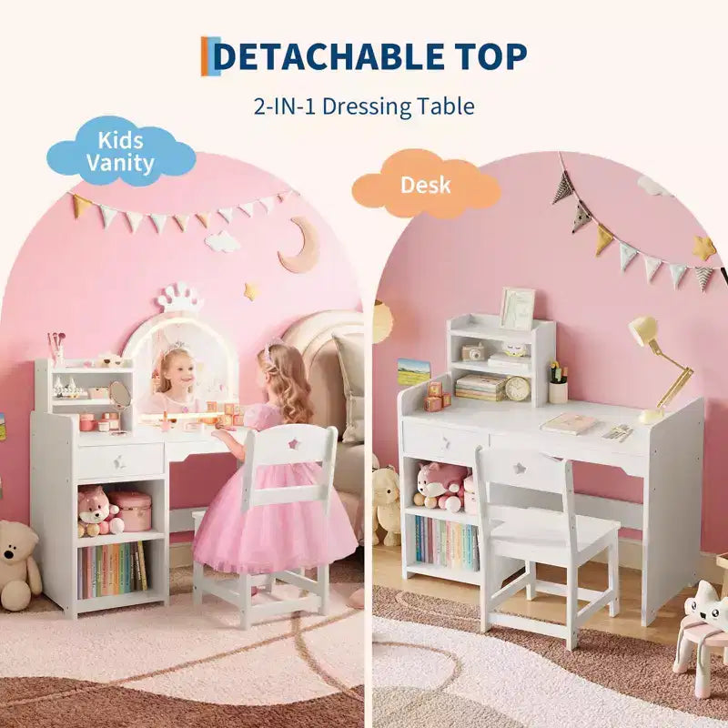 Coiffeuse enfant avec miroir lumineux, ensemble coiffeuse de princesse 2 en 1 pour tout-petits avec table et chaise, bibliothèque ouverte, armoire de rangement et étagères pour filles