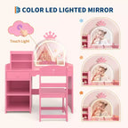 Coiffeuse enfant avec miroir lumineux, ensemble coiffeuse de princesse 2 en 1 pour tout-petits avec table et chaise, bibliothèque ouverte, armoire de rangement et étagères pour filles