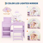 Coiffeuse enfant avec miroir lumineux, ensemble coiffeuse de princesse 2 en 1 pour tout-petits avec table et chaise, bibliothèque ouverte, armoire de rangement et étagères pour filles