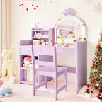 Coiffeuse enfant avec miroir lumineux, ensemble coiffeuse de princesse 2 en 1 pour tout-petits avec table et chaise, bibliothèque ouverte, armoire de rangement et étagères pour filles