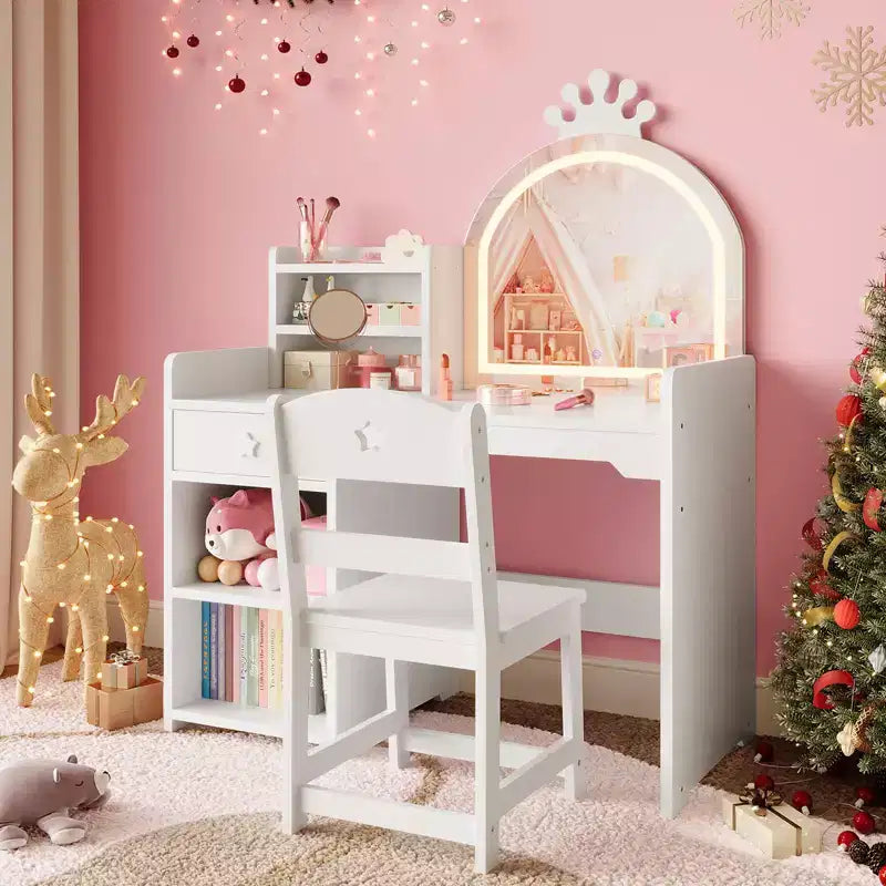 Coiffeuse enfant avec miroir lumineux, ensemble coiffeuse de princesse 2 en 1 pour tout-petits avec table et chaise, bibliothèque ouverte, armoire de rangement et étagères pour filles