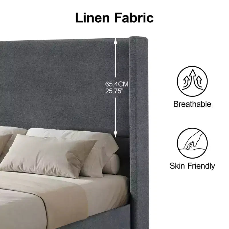 Cadre de lit Dyonery Queen, lit plateforme rembourré avec tête de lit en lin de 55 pouces, aucun sommier tapissier requis, lattes en bois robustes, assemblage facile et silencieux