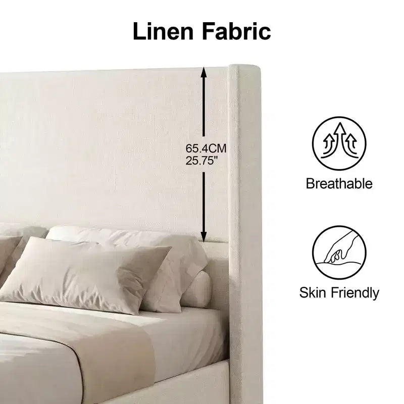 Cadre de lit Dyonery Queen, lit plateforme rembourré avec tête de lit en lin de 55 pouces, aucun sommier tapissier requis, lattes en bois robustes, assemblage facile et silencieux