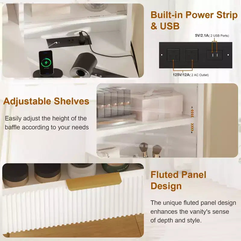 Coiffeuse cannelée COZONY avec miroir, coiffeuse avec 5 tiroirs et étagères, table de maquillage moderne pour chambre à coucher
