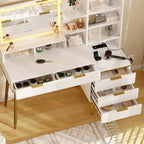 Coiffeuse cannelée COZONY avec miroir, coiffeuse avec 5 tiroirs et étagères, table de maquillage moderne pour chambre à coucher