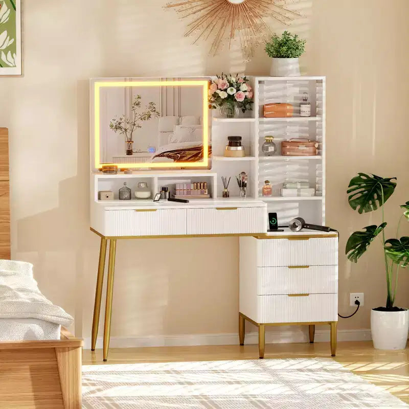 Coiffeuse cannelée COZONY avec miroir, coiffeuse avec 5 tiroirs et étagères, table de maquillage moderne pour chambre à coucher