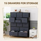 Commode à 15 tiroirs, commode avec plateau en bois, cadre en métal, unité de rangement avec tissu