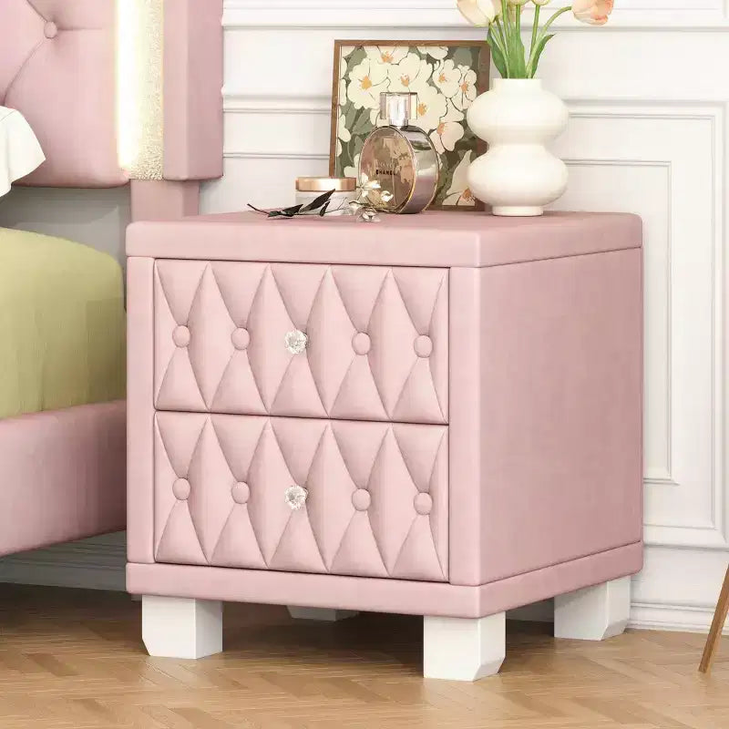 Table de chevet élégante en velours avec 2 tiroirs, table de chevet capitonnée avec poignées en cristal pour chambre ou salon - Panipeachy
