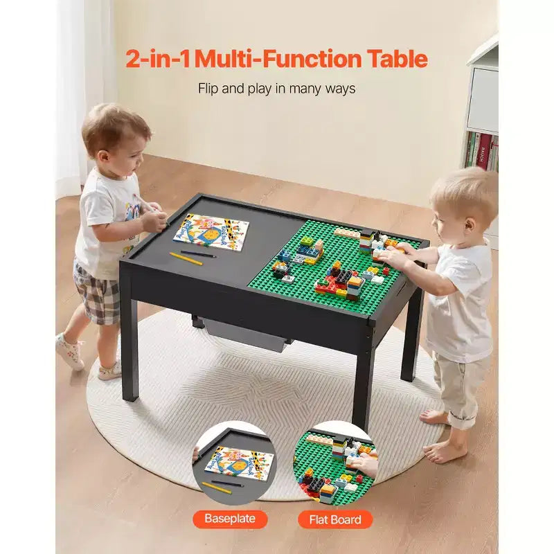 Table d'activités en bois VEVOR pour enfants, plateau double face pour blocs de construction, table de jeu multi-usage avec 2 bacs de rangement pour enfants de 3 ans et plus, noire