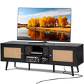 Rattan TV Stand for 65 in TV with Power Outlet USB Ports Adjustable Shelf Black
