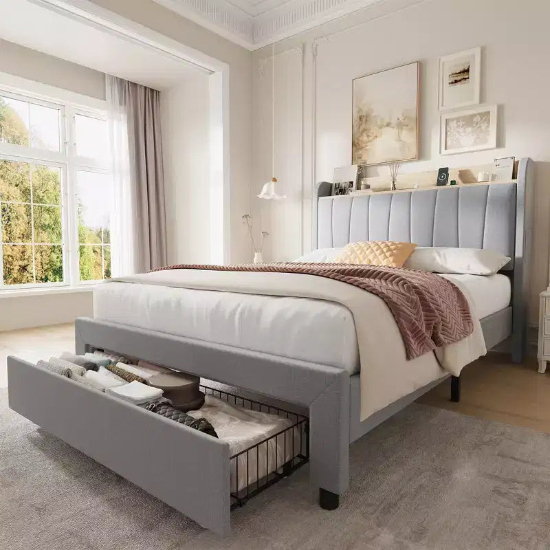 Cadre de lit double avec tête de lit, Cadre de lit double XL robuste avec tête de lit rembourrée, Lit plateforme avec tête de lit de rangement, Station de charge, Tiroirs