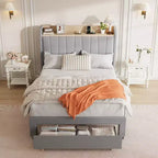 Cadre de lit double avec tête de lit, Cadre de lit double XL robuste avec tête de lit rembourrée, Lit plateforme avec tête de lit de rangement, Station de charge, Tiroirs