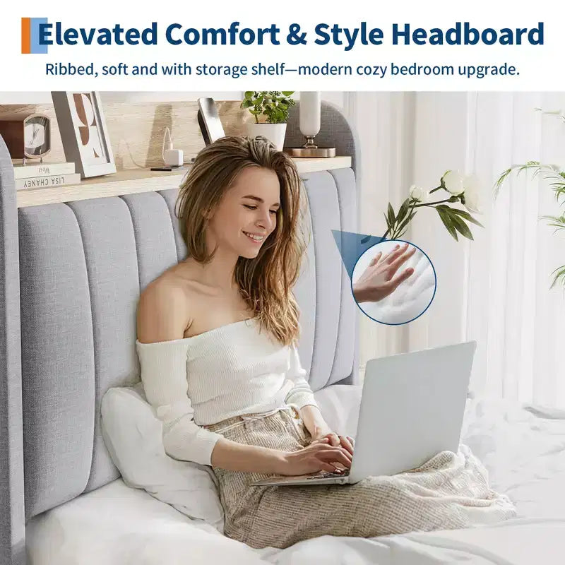 Cadre de lit double avec tête de lit, Cadre de lit double XL robuste avec tête de lit rembourrée, Lit plateforme avec tête de lit de rangement, Station de charge, Tiroirs