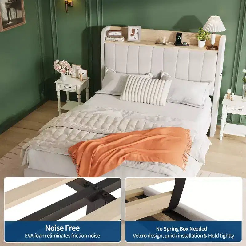 Cadre de lit double avec tête de lit, Cadre de lit double XL robuste avec tête de lit rembourrée, Lit plateforme avec tête de lit de rangement, Station de charge, Tiroirs