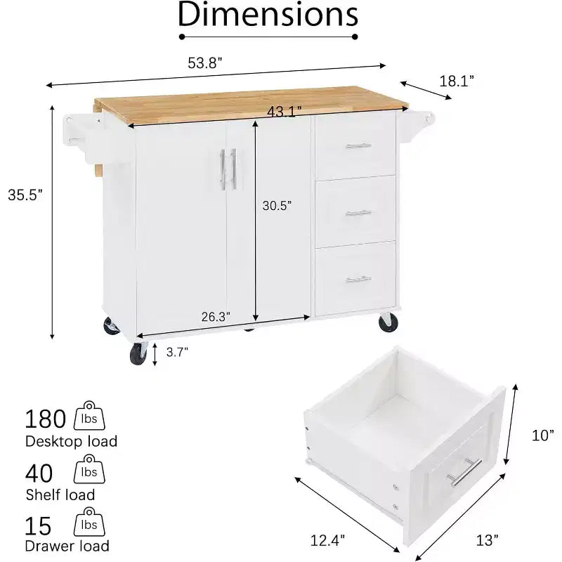 MooxvMoo Îlot de cuisine roulant avec comptoir rabattable, armoire de rangement et porte-serviettes – Chariot mobile sur roues avec porte de grange, Blanc
