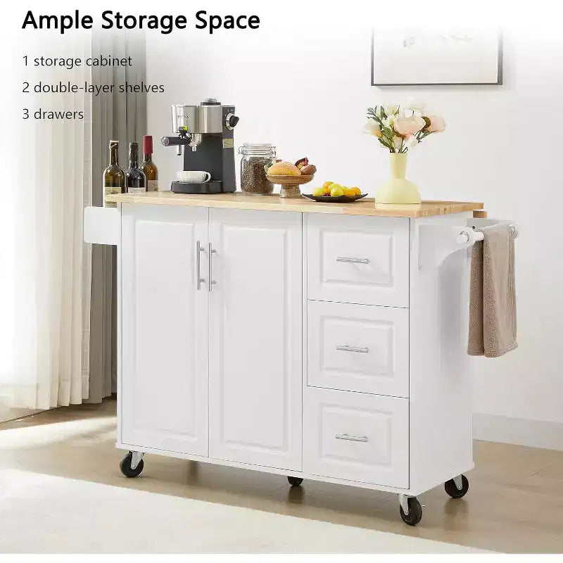 MooxvMoo Îlot de cuisine roulant avec comptoir rabattable, armoire de rangement et porte-serviettes – Chariot mobile sur roues avec porte de grange, Blanc