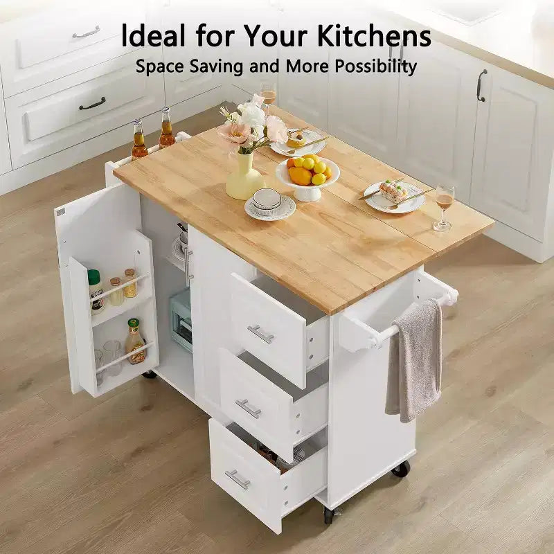 MooxvMoo Îlot de cuisine roulant avec comptoir rabattable, armoire de rangement et porte-serviettes – Chariot mobile sur roues avec porte de grange, Blanc