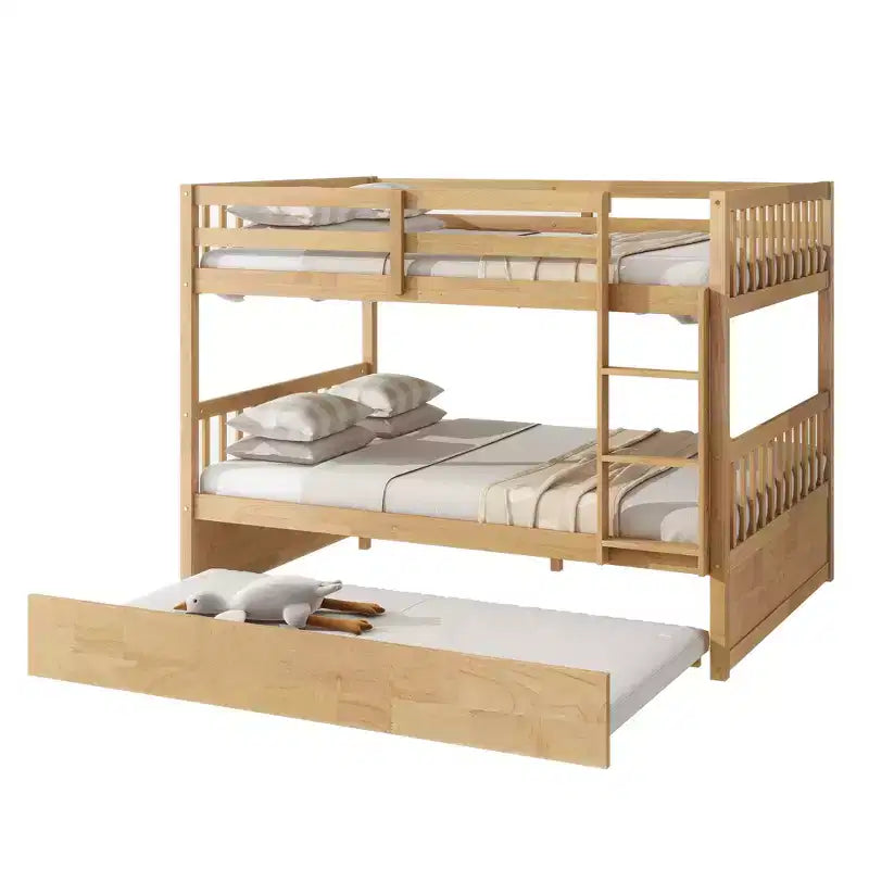 Lit superposé Bellemave double sur double en bois d'hévéa avec lit gigogne, échelle et balustrades, convertible en 2 lits doubles, avec lit gigogne double