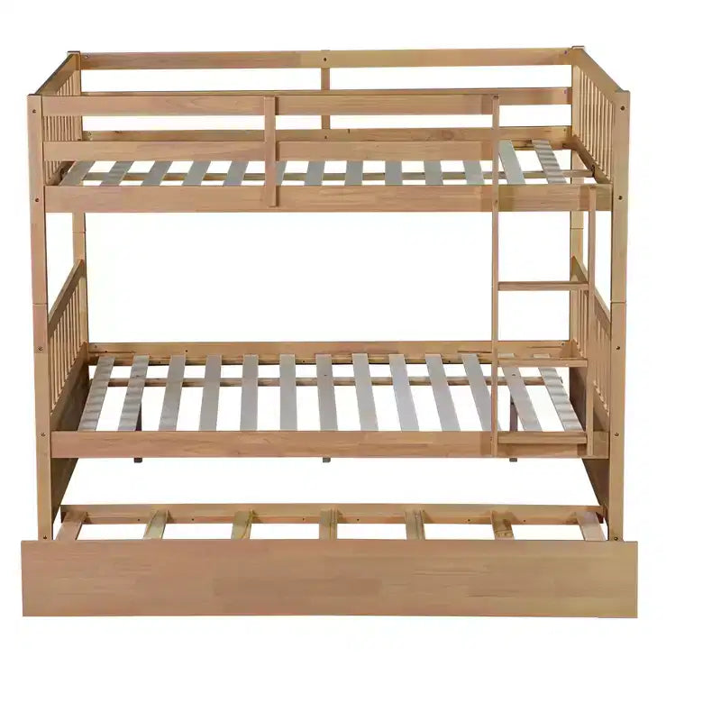 Lit superposé Bellemave double sur double en bois d'hévéa avec lit gigogne, échelle et balustrades, convertible en 2 lits doubles, avec lit gigogne double