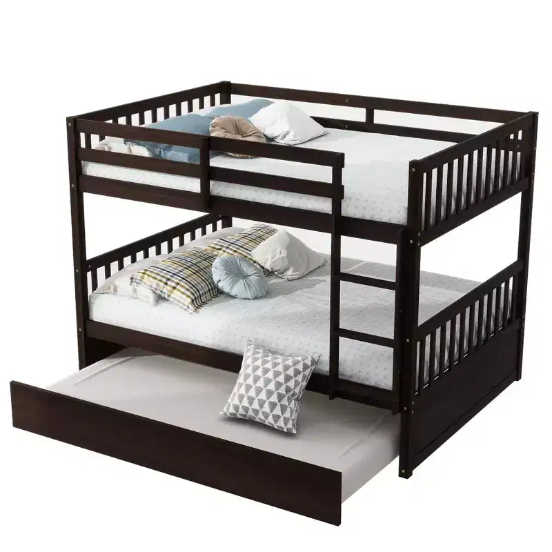 Lit superposé Bellemave double sur double en bois d'hévéa avec lit gigogne, échelle et balustrades, convertible en 2 lits doubles, avec lit gigogne double