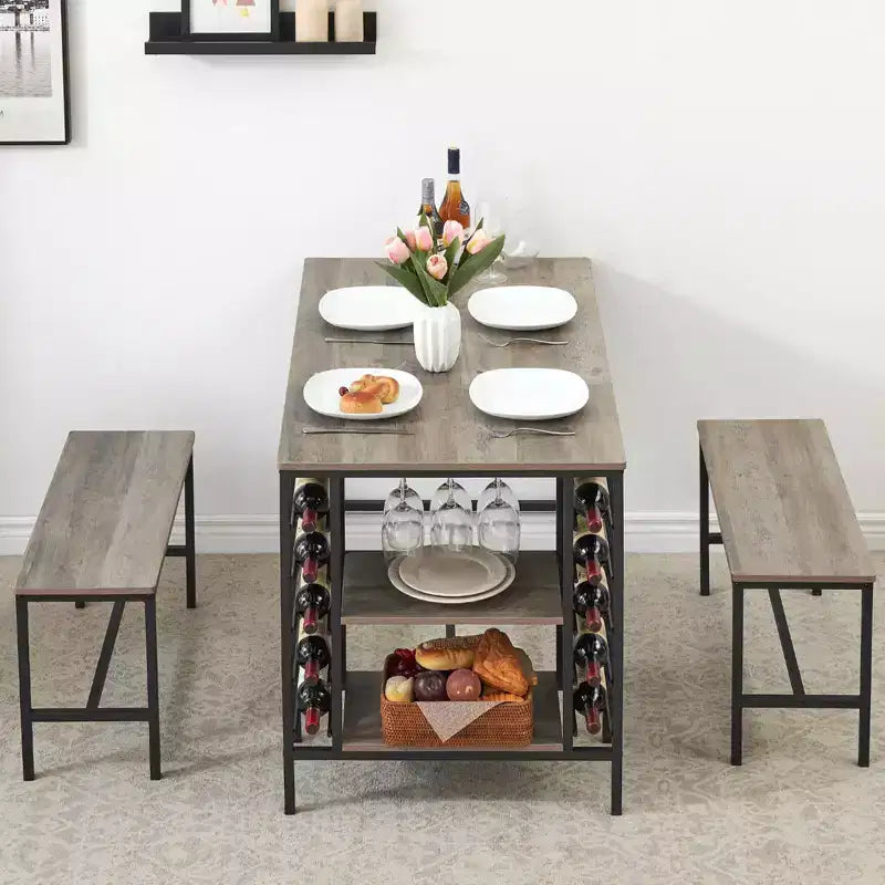 Ensemble table à manger pour 4, table de cuisine avec 2 bancs, étagère à vin et étagère de rangement, ensemble de table à manger rectangulaire, ensemble de table à manger 3 pièces pour l'espace