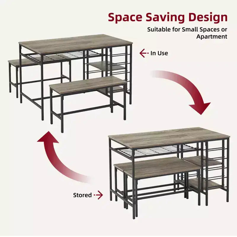 Ensemble table à manger pour 4, table de cuisine avec 2 bancs, étagère à vin et étagère de rangement, ensemble de table à manger rectangulaire, ensemble de table à manger 3 pièces pour l'espace