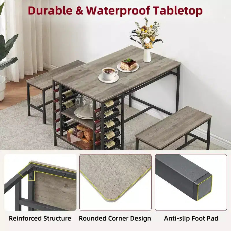 Ensemble table à manger pour 4, table de cuisine avec 2 bancs, étagère à vin et étagère de rangement, ensemble de table à manger rectangulaire, ensemble de table à manger 3 pièces pour l'espace