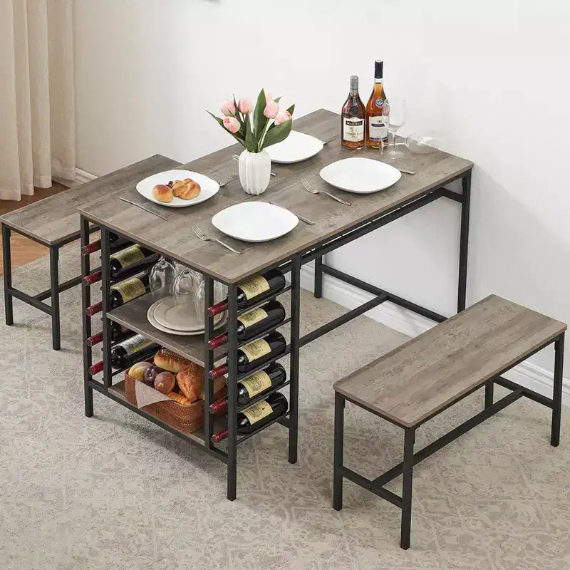 Ensemble table à manger pour 4, table de cuisine avec 2 bancs, étagère à vin et étagère de rangement, ensemble de table à manger rectangulaire, ensemble de table à manger 3 pièces pour l'espace